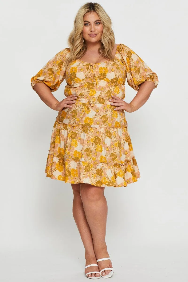 Floral Print Mini Skater Skirt Elastic Waist Chic Attire