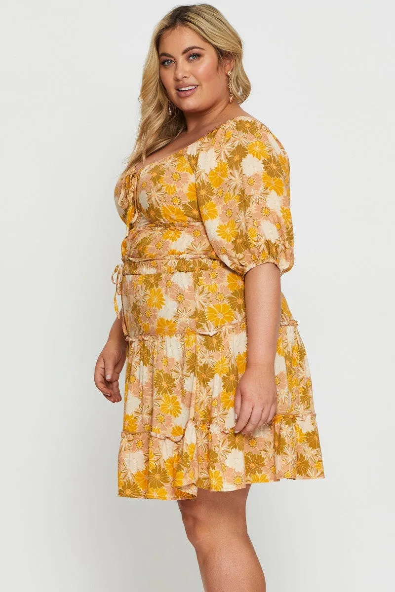 Matching Belt Floral Print Mini Skater Skirt Elastic Waist
