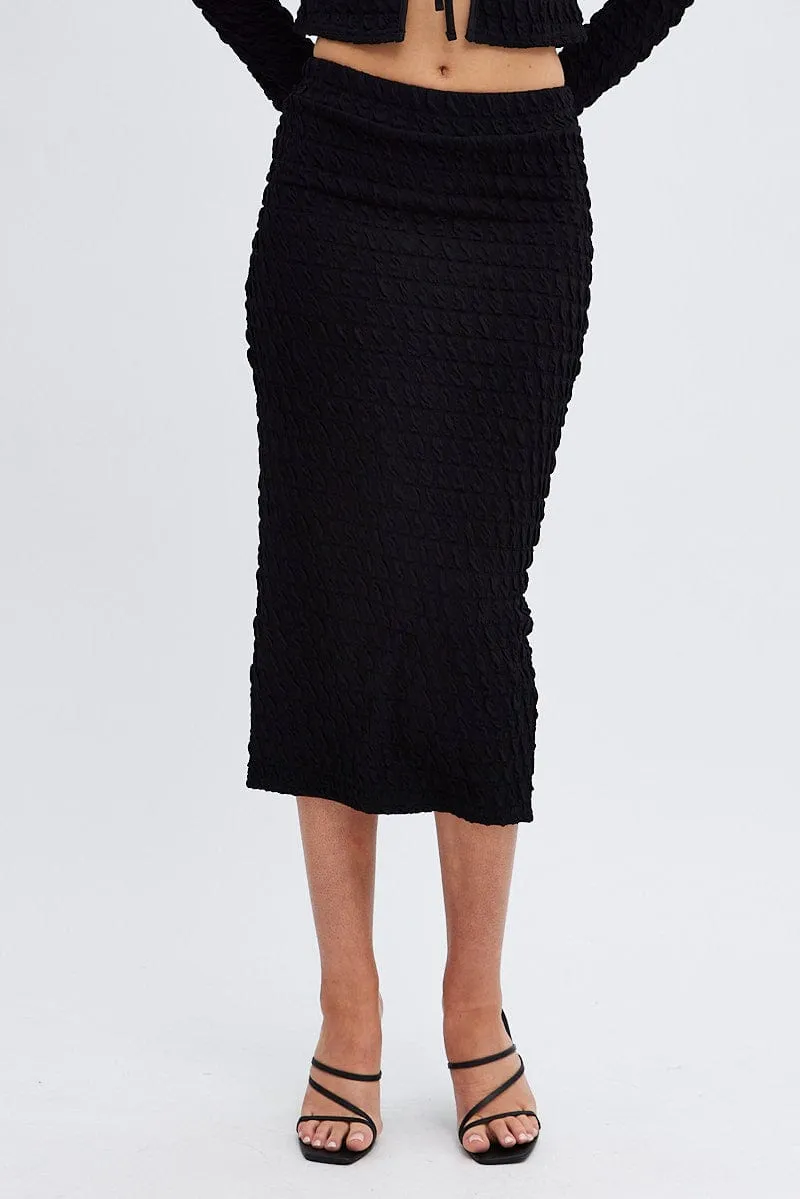 Black Midi Skirt Slim Fit Bubble Textured Breezy Outfit Style Vibes