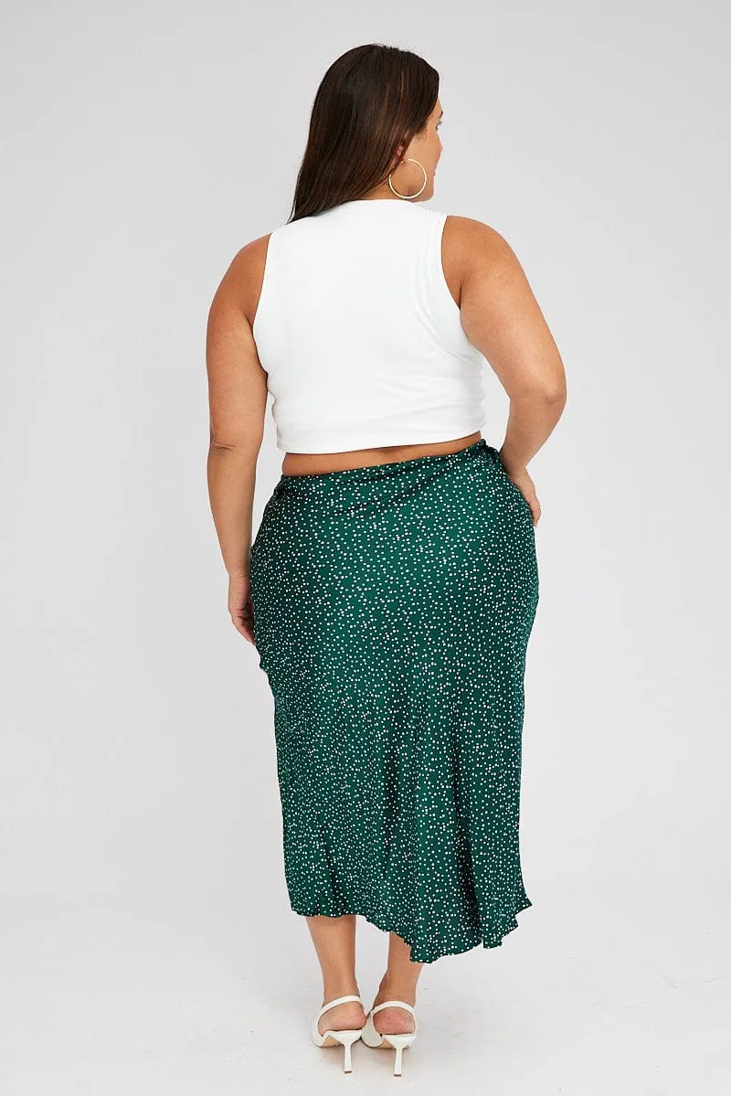 Green Polka Dot Satin Slip Skirt With Split Durable Stitching