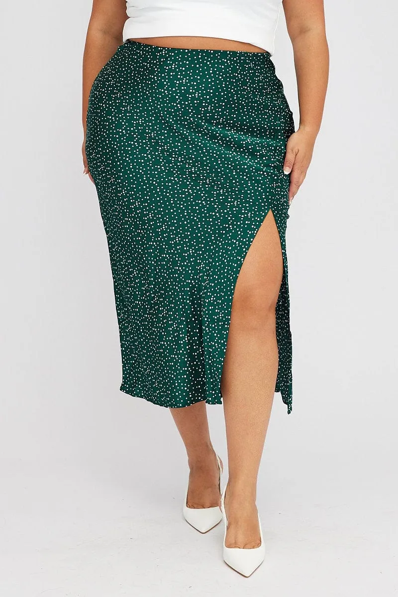 Adjustable Fastening Green Polka Dot Satin Slip Skirt With Split