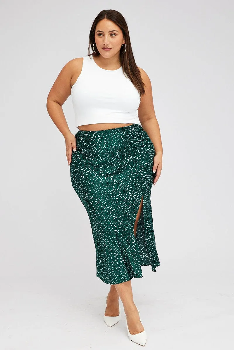 Green Polka Dot Satin Slip Skirt With Split Functional Fashion