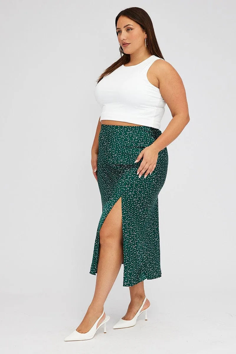 Green Polka Dot Satin Slip Skirt With Split Clean Cut