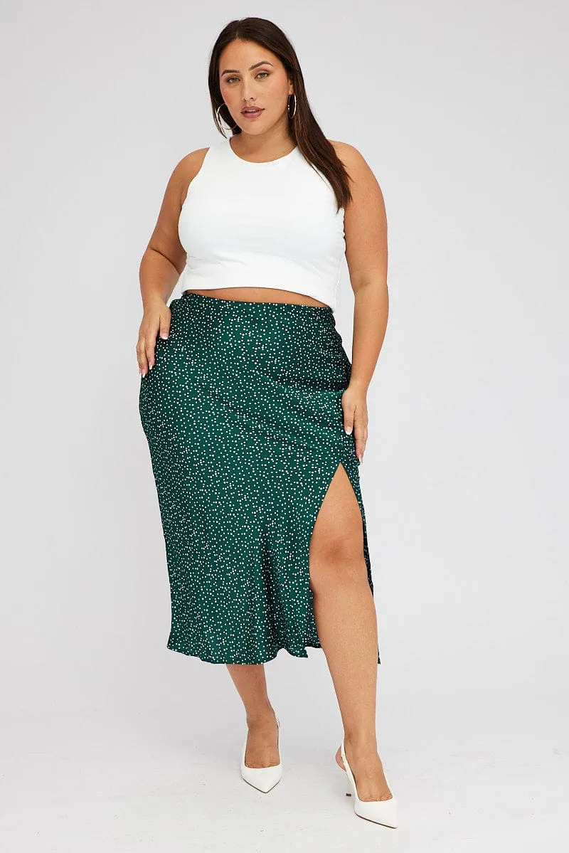 Green Polka Dot Satin Slip Skirt With Split Seamless construction Sheer Overlay
