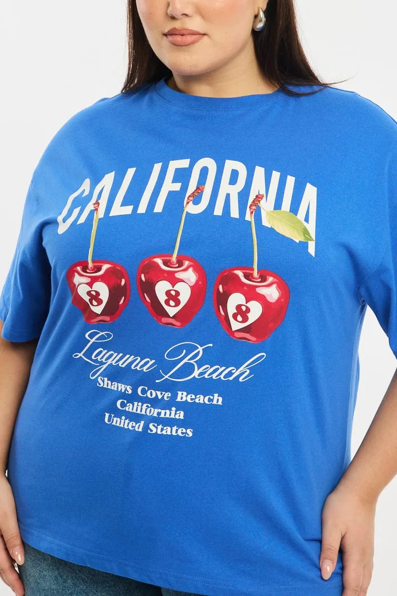 Street Casual Look Prom Blue Cherry Tee Short Sleeve