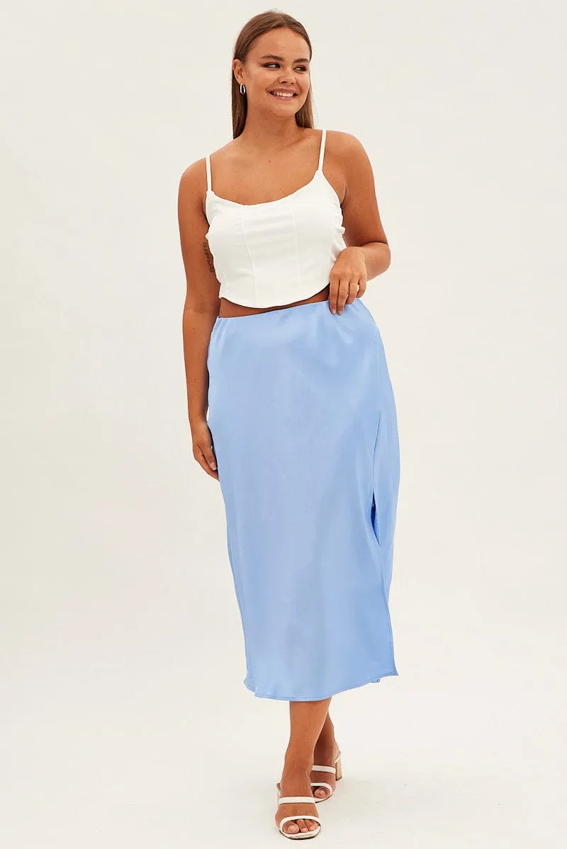 Blue Midi Skirt Bias Satin Split Side Classic Look Comfort Mood
