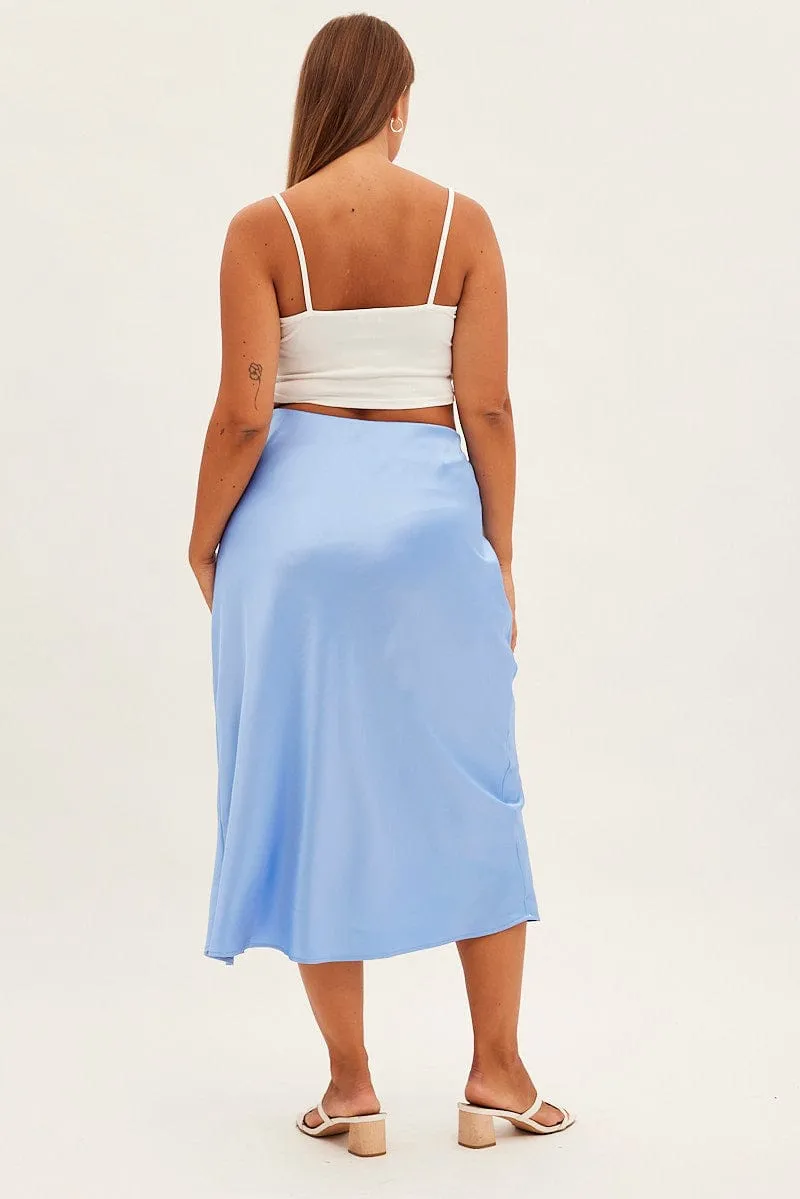 Blue Midi Skirt Bias Satin Split Side Hemp Blend Sleek Flow