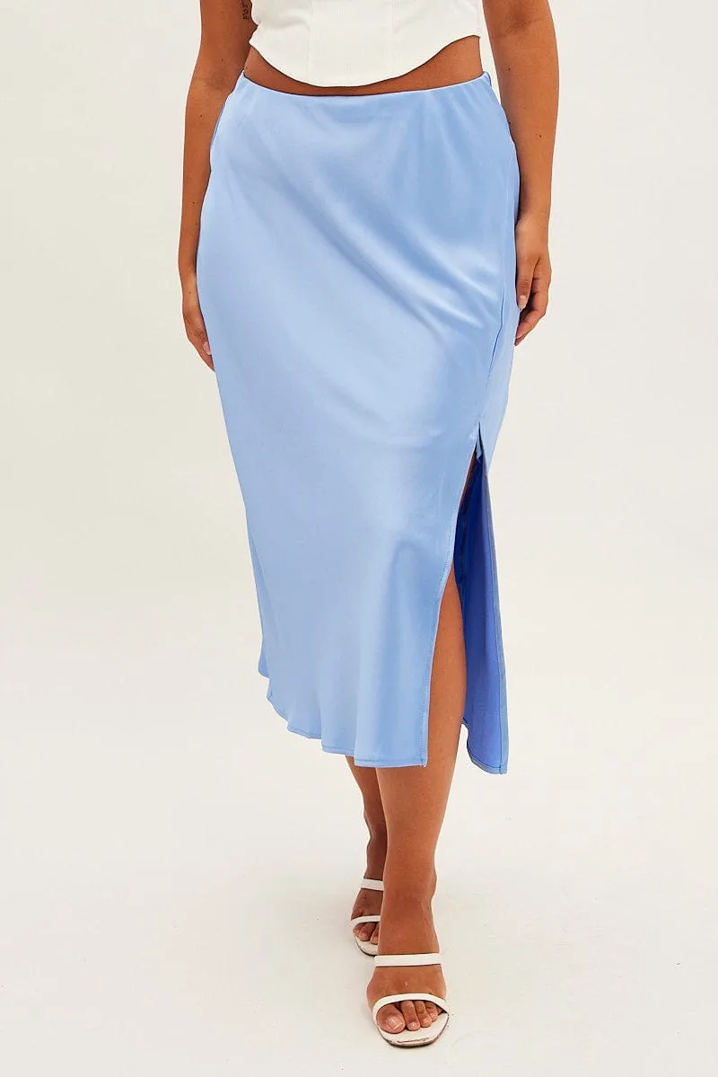 Blue Midi Skirt Bias Satin Split Side Teen Fashion