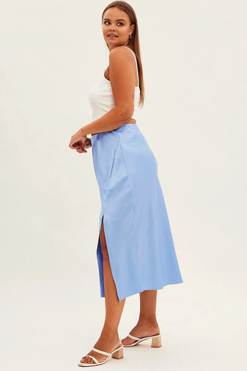 Blue Midi Skirt Bias Satin Split Side Outfit Focused