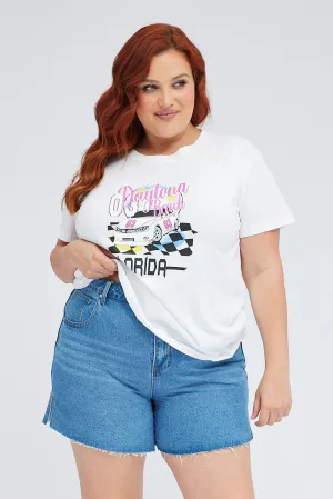White Graphic T-shirt Daytona Short Sleeve Cotton Comfortable Layer