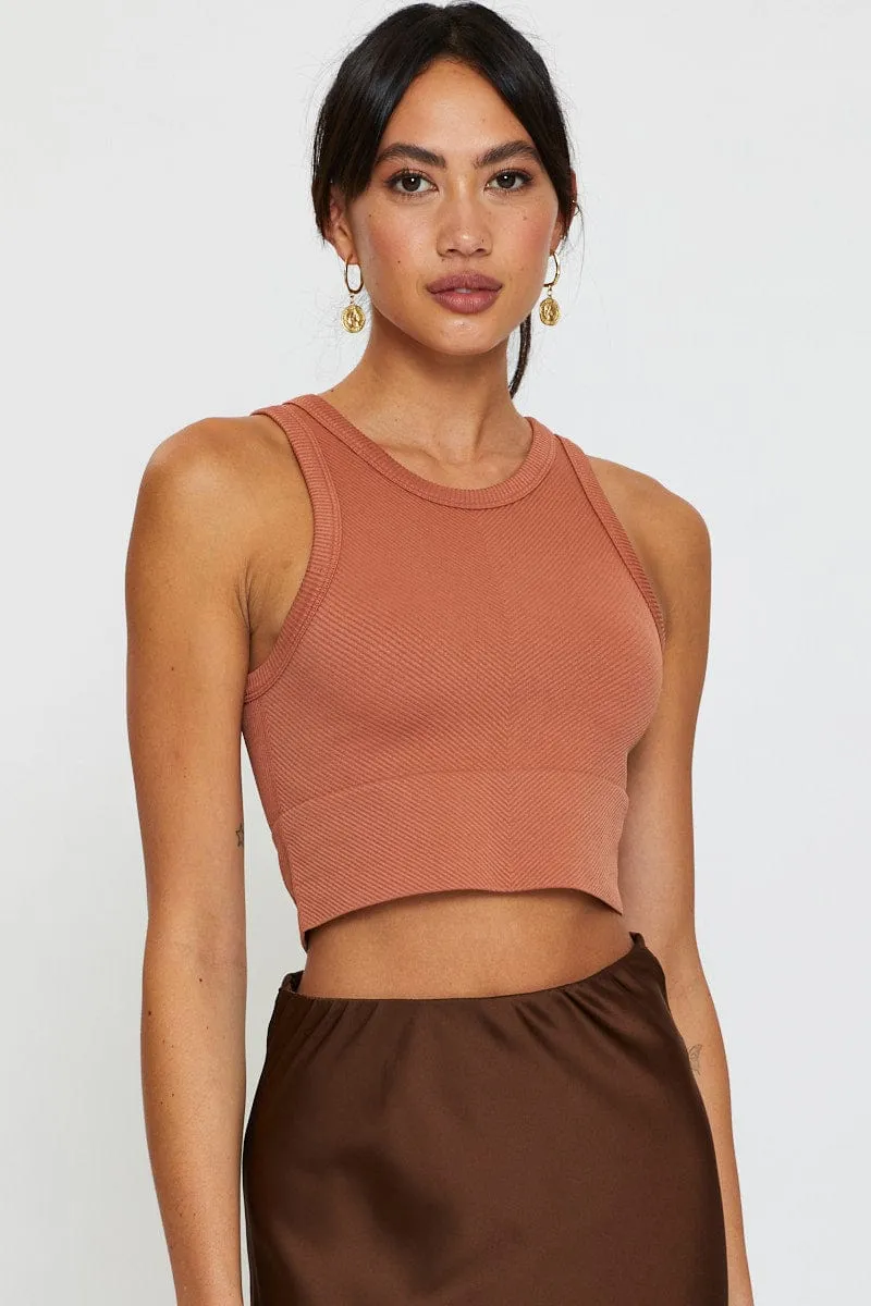 Relaxed Outfit MeshVentilation Tan Tank Top Sleeveless Crew Neck Seamless
