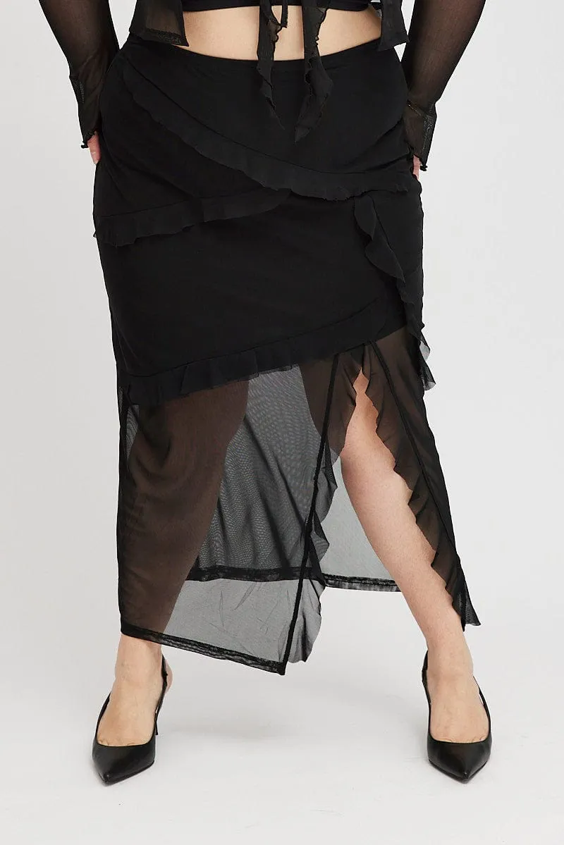 Classic Appeal Knitted Fabric Black Maxi Skirt Ruffled