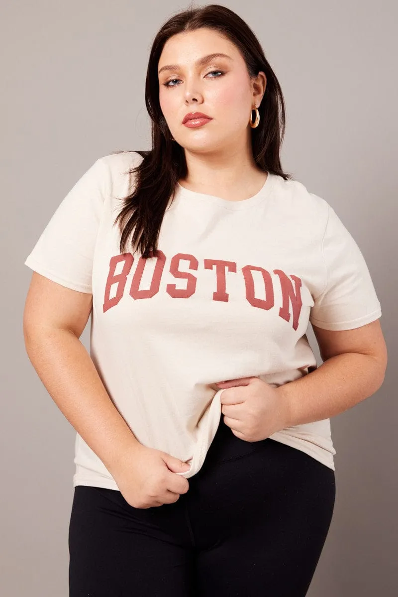 Stylish Casual Beige Graphic T-shirt Short Sleeve Crew Neck