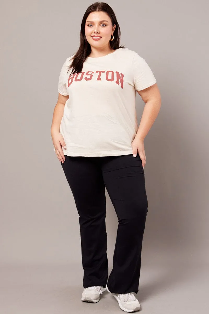 Light and Cozy Heather Texture Finish Beige Graphic T-shirt Short Sleeve Crew Neck