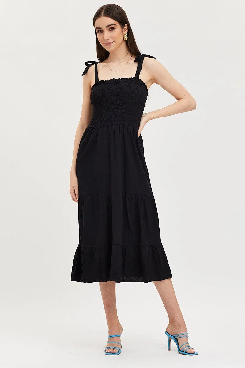 Black Maxi Dress Sleeveless Tie Shoulder Square Neck Cozy evening dress Ribbon Work