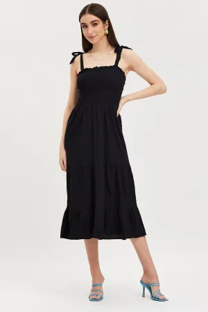Black Maxi Dress Sleeveless Tie Shoulder Square Neck Cozy evening dress Ribbon Work