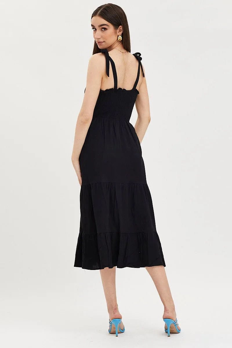Black Maxi Dress Sleeveless Tie Shoulder Square Neck Timeless Glow Bell Sleeve