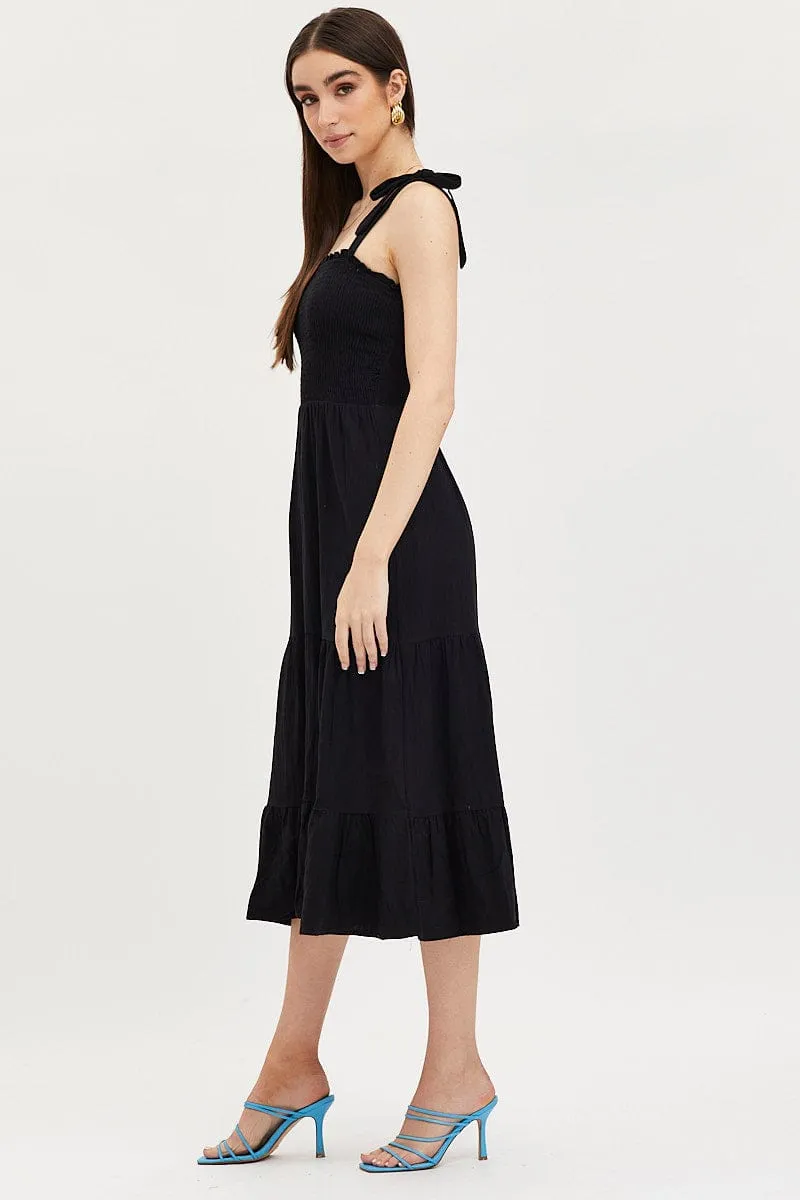 Applique Glow Black Maxi Dress Sleeveless Tie Shoulder Square Neck