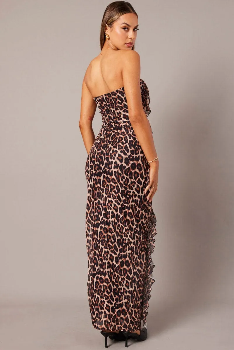Brown Animal Print Ruffle Maxi Dress Strapless Bandeau Frilly Dress Cotton Shade