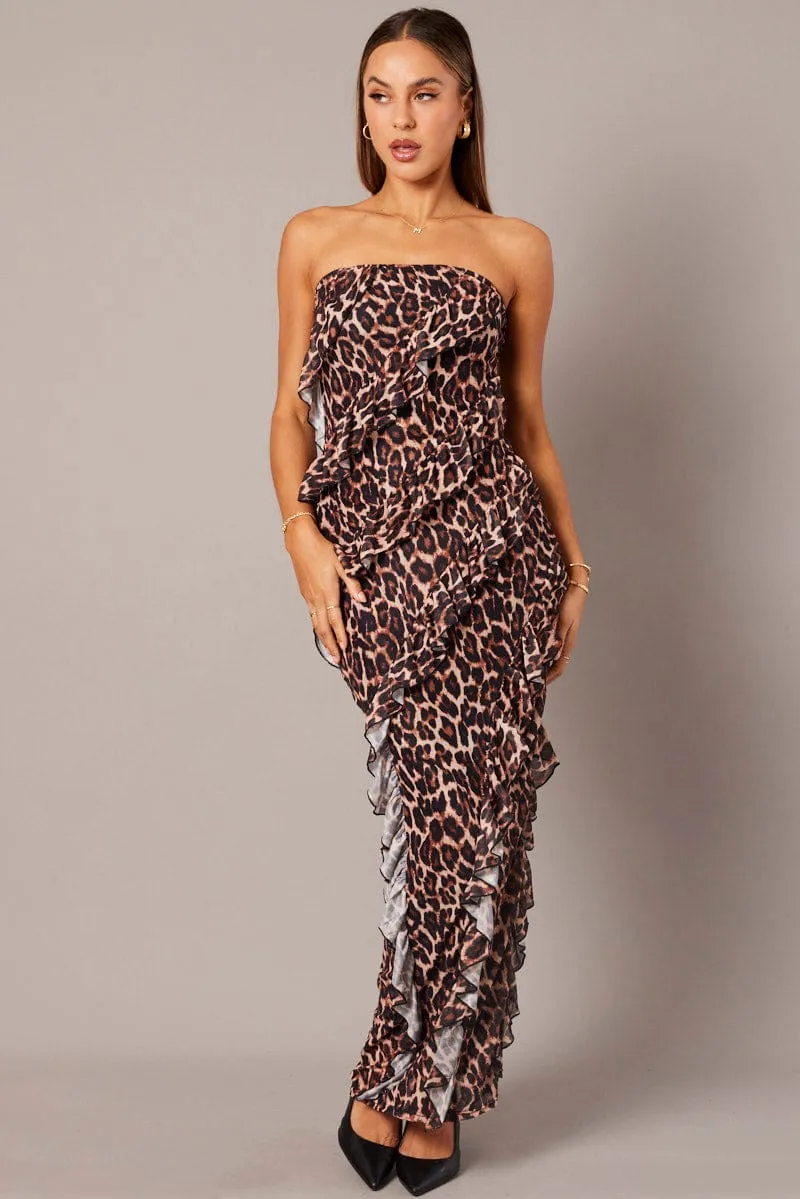 This dress works effortlessly for a variety of events providing both comfort and style Brown Animal Print Ruffle Maxi Dress Strapless Bandeau Frilly Dress