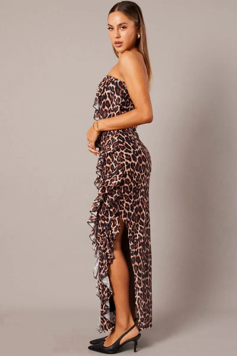 Brown Animal Print Ruffle Maxi Dress Strapless Bandeau Frilly Dress Flowing chiffon dress Calm River