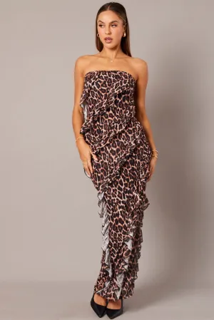 This dress works effortlessly for a variety of events providing both comfort and style Brown Animal Print Ruffle Maxi Dress Strapless Bandeau Frilly Dress