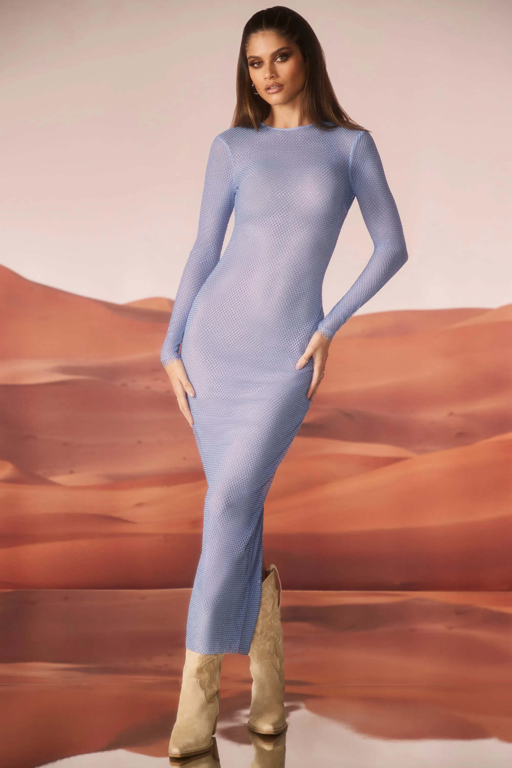 Embellished Long Sleeve Maxi Dress in Blue Perfect for a day out or a night on the town this dress offers endless styling possibilities