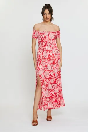 Print Maxi Dress Off Shoulder Evening Herb Garden