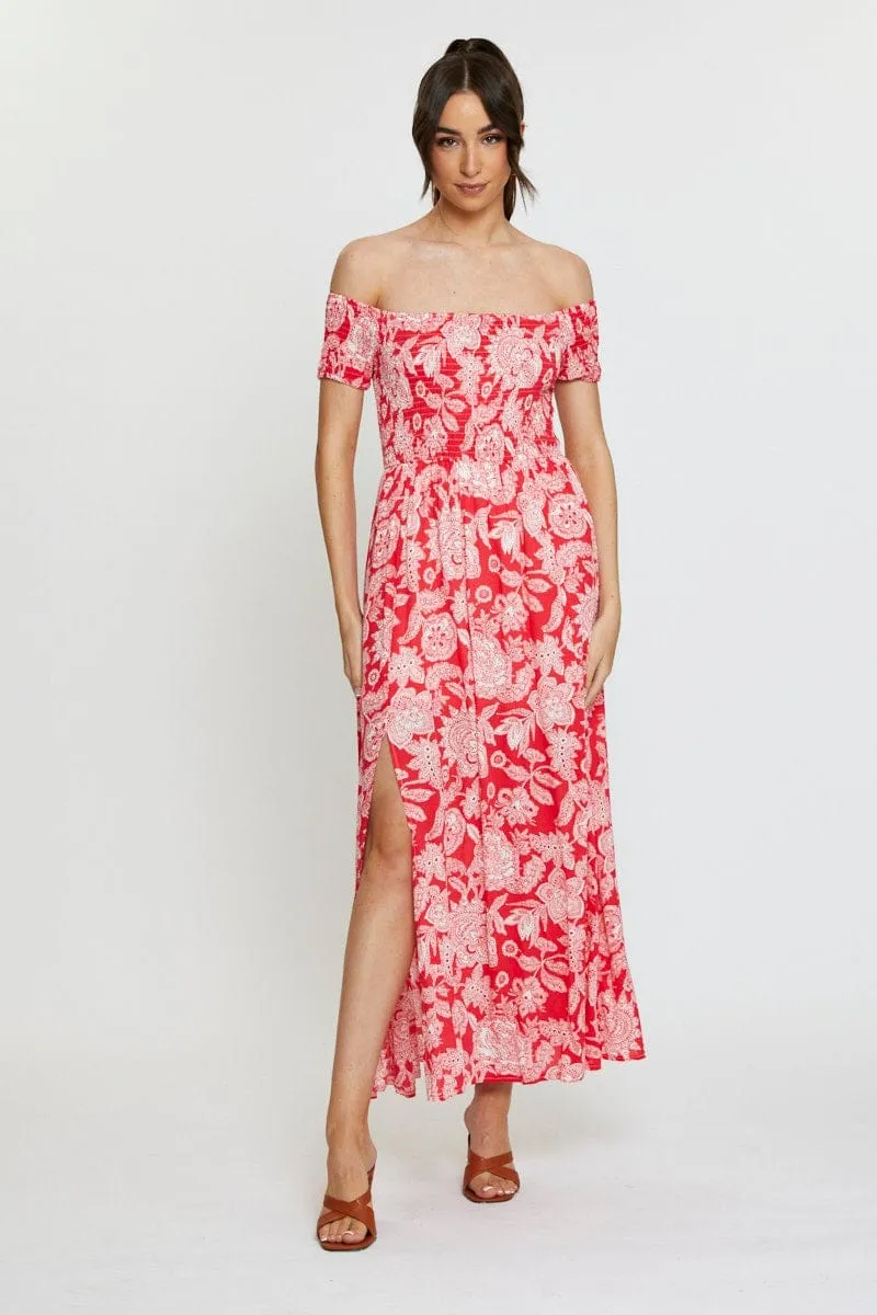 Print Maxi Dress Off Shoulder Evening Herb Garden