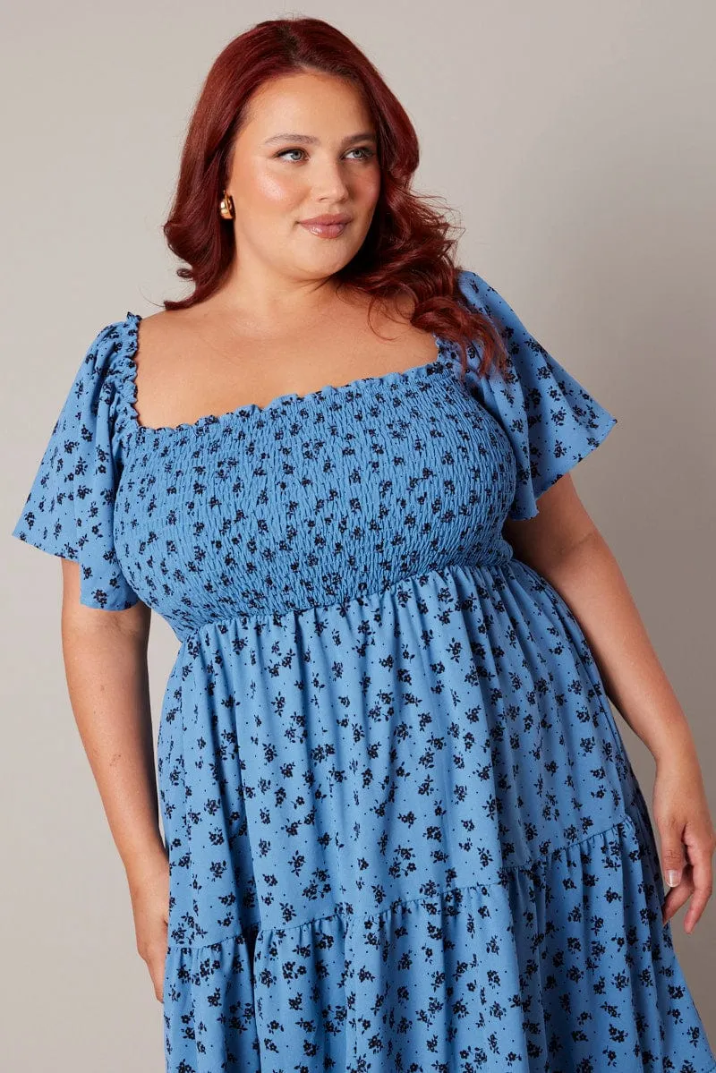 Stylish Comfort Field Glow Blue Ditsy Midi Dress Short Sleeve Tiered Tie Back
