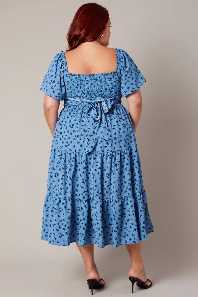 Blue Ditsy Midi Dress Short Sleeve Tiered Tie Back Flattering midi silhouette
