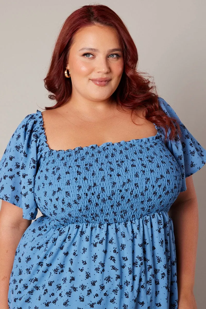 Blue Ditsy Midi Dress Short Sleeve Tiered Tie Back Season Switch Light Comfort