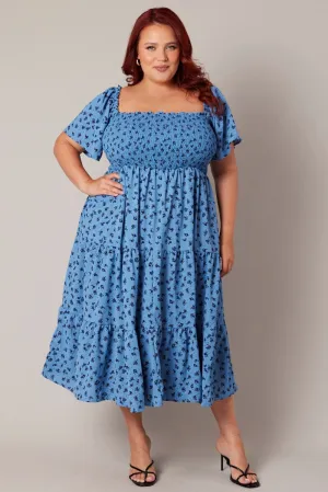 City Roof Blue Ditsy Midi Dress Short Sleeve Tiered Tie Back