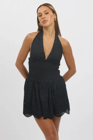 Black Halter Neck Dress Mini Eyelet Fabric Easy-to-style mini gown