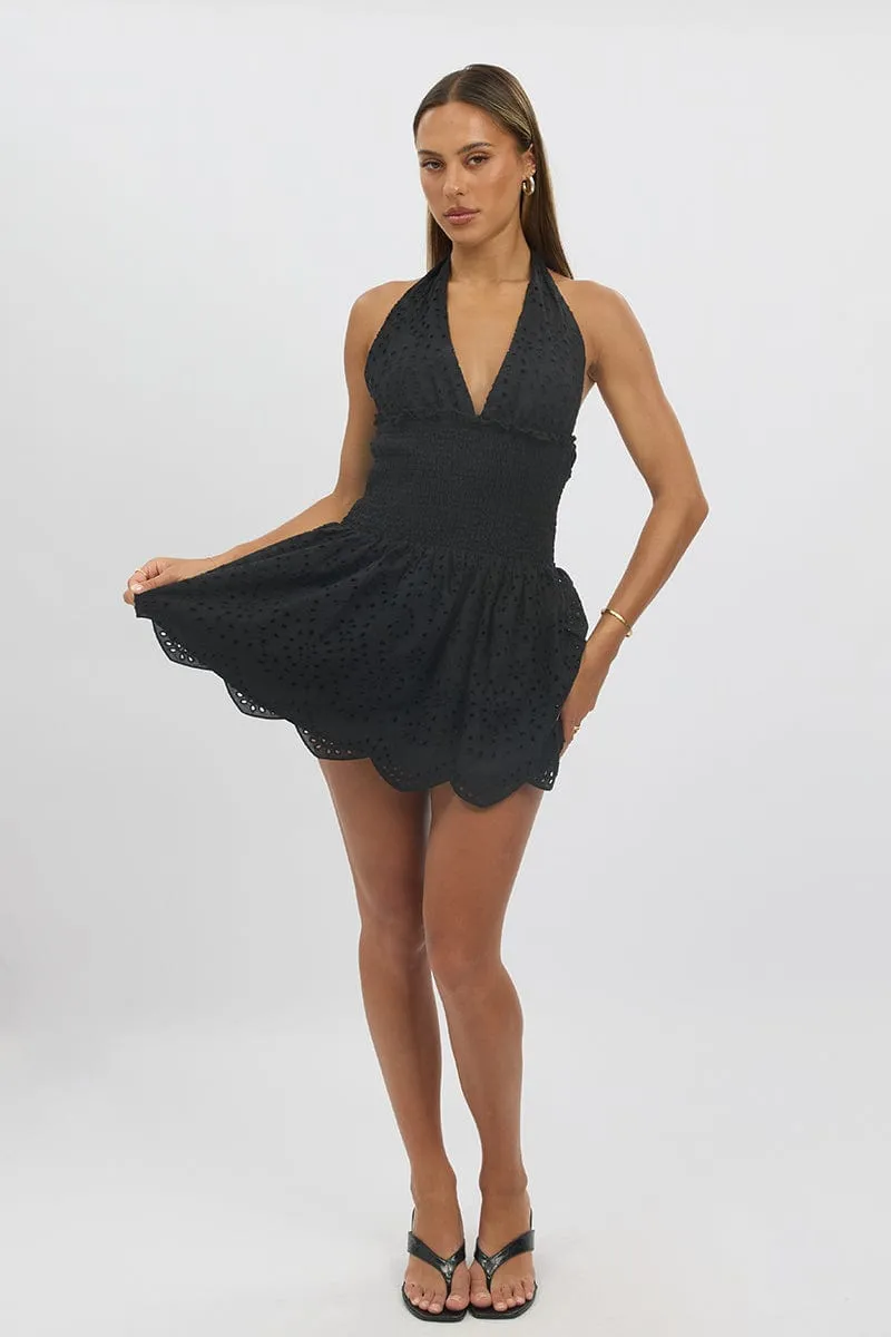 Black Halter Neck Dress Mini Eyelet Fabric Simple Style