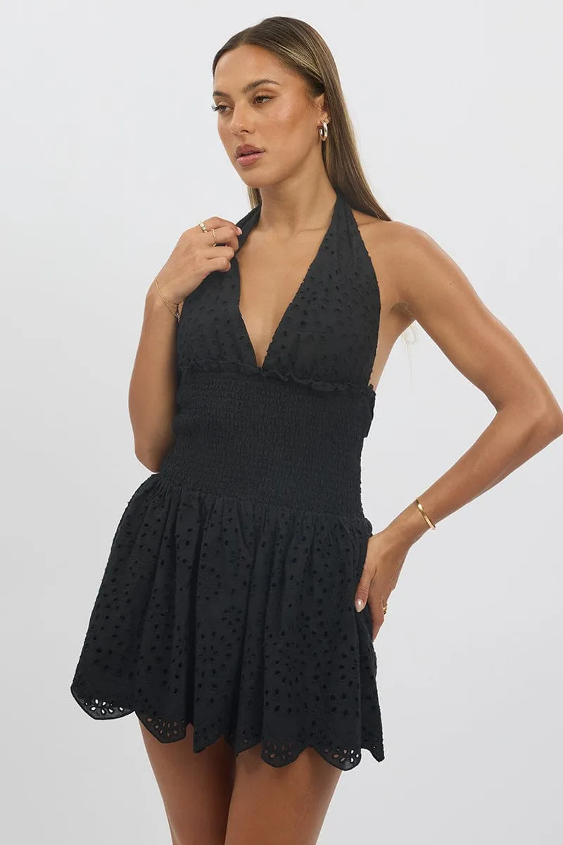Light and Breezy Breathable Lining Black Halter Neck Dress Mini Eyelet Fabric