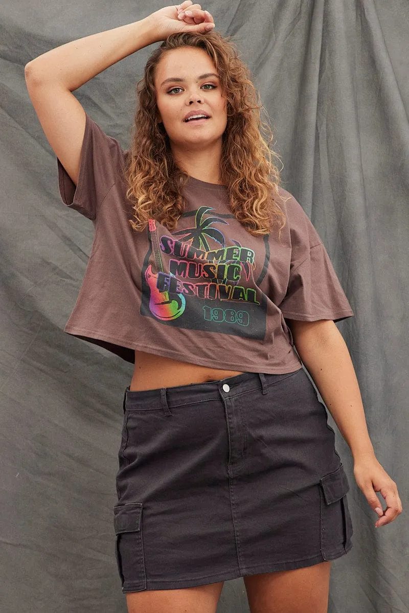 Brown Graphic T-shirt Short Sleeve Music Festival BreathableMeshLining