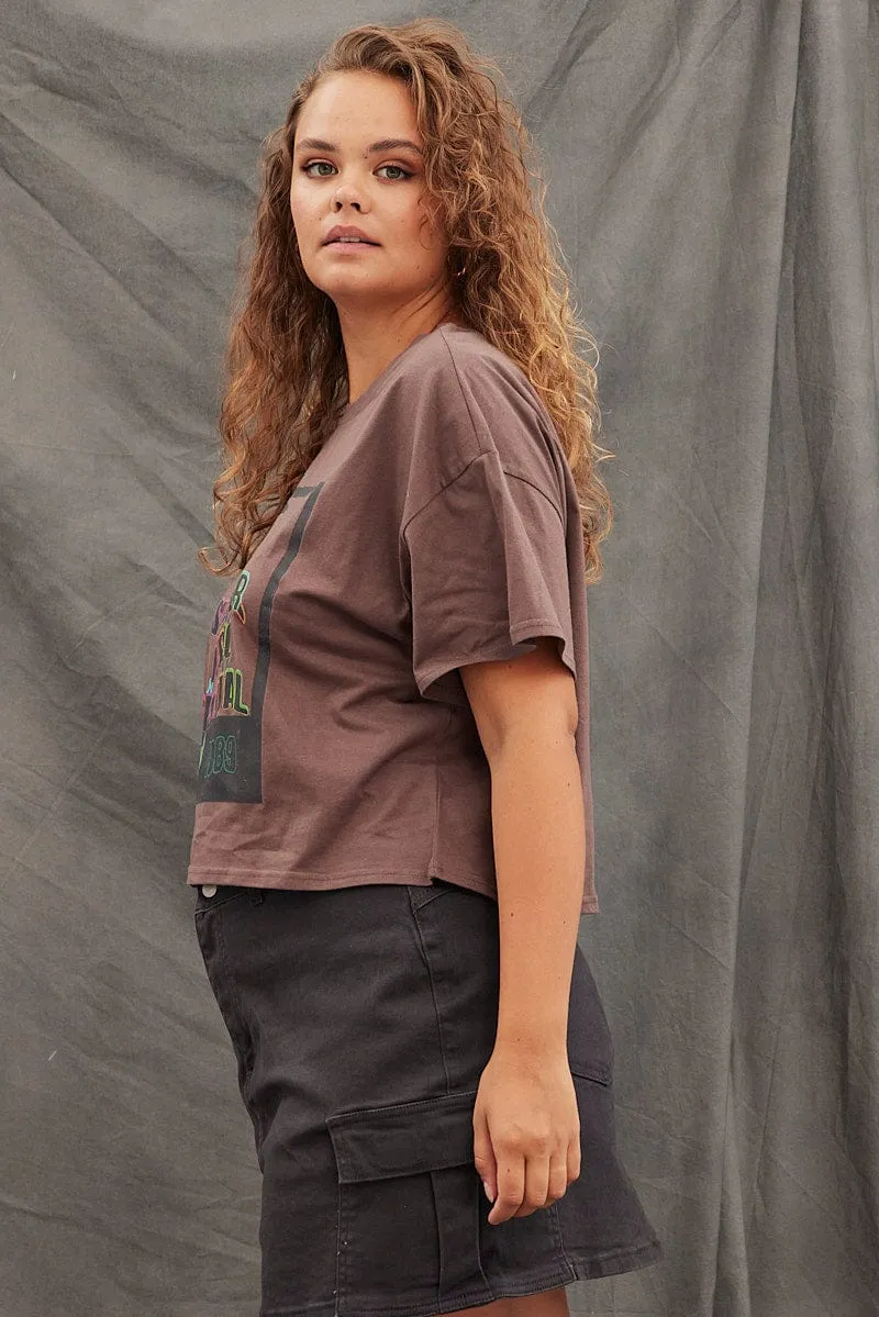 Brown Graphic T-shirt Short Sleeve Music Festival Unisex style