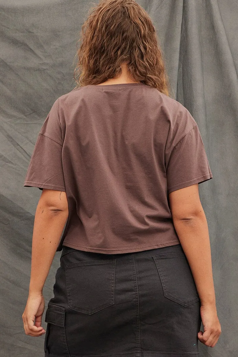 Brown Graphic T-shirt Short Sleeve Music Festival Urban Casual