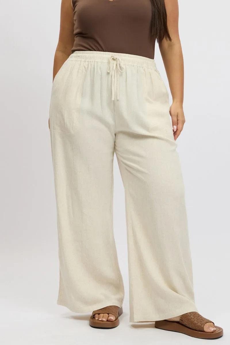 Beige Elastic Waist Wide Leg Linen Blend Pants Essential Wearable