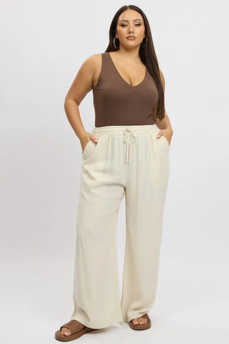 Bootcut shape Cozy Layer Beige Elastic Waist Wide Leg Linen Blend Pants