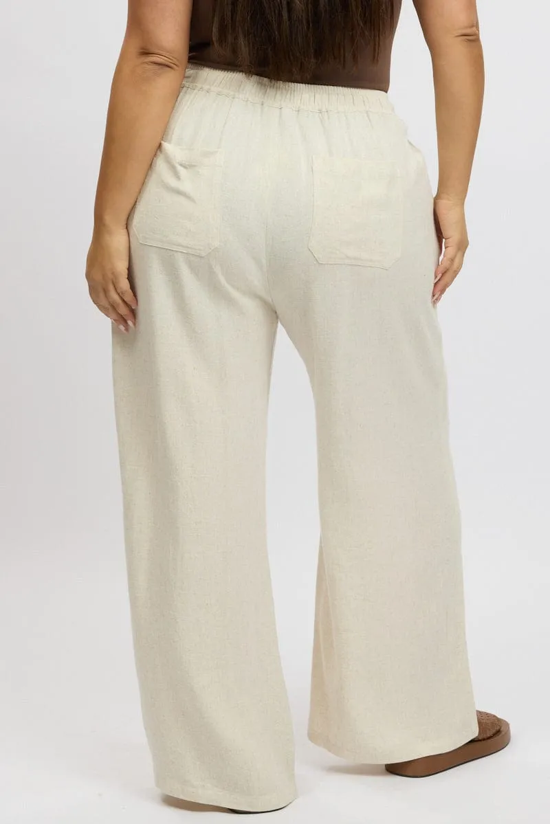 Casual Must-Have Low Profile Design Beige Elastic Waist Wide Leg Linen Blend Pants