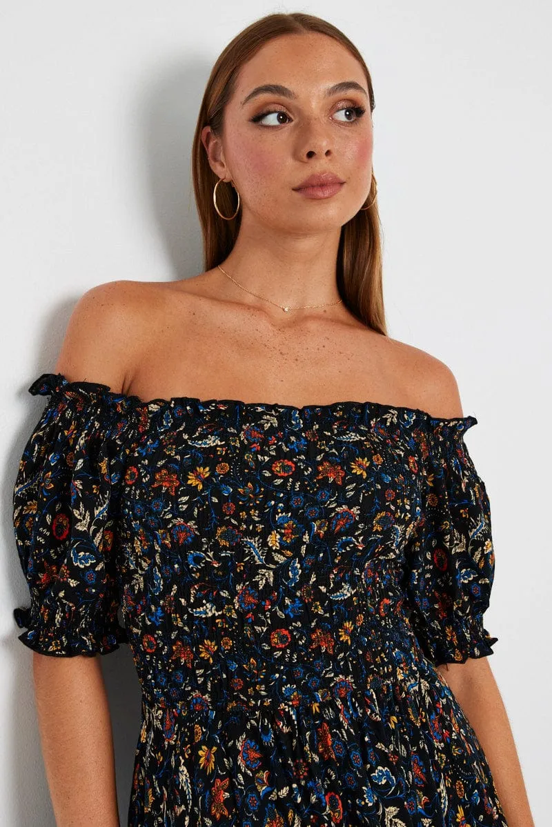 Black Boho Maxi Dress Short Sleeve Tiered Cloud Soft