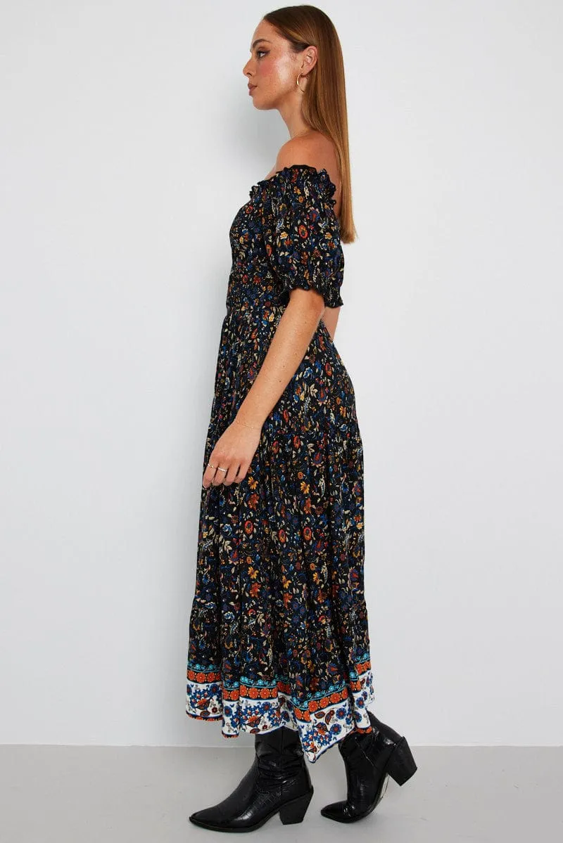 Azure Tide Animal Print Black Boho Maxi Dress Short Sleeve Tiered