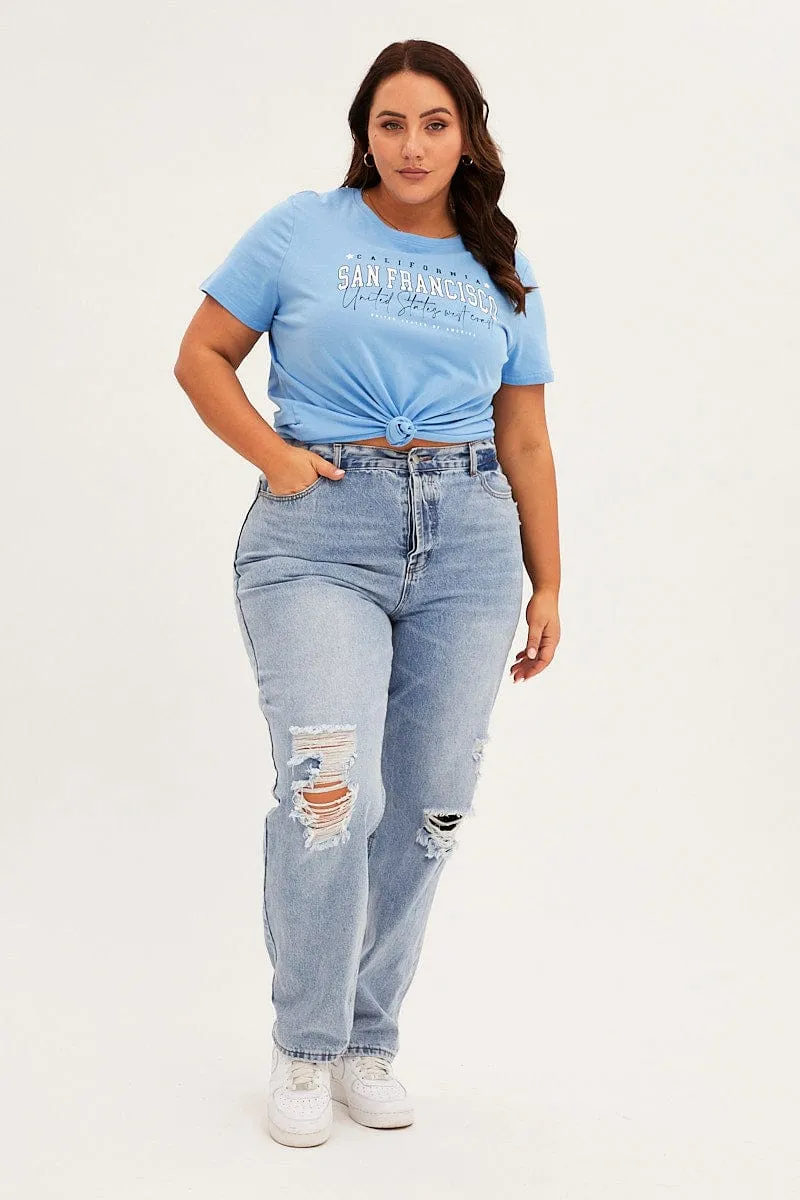 Wrinkle Resistant Material Blue Graphic T-shirt Short Sleeve Crew Neck