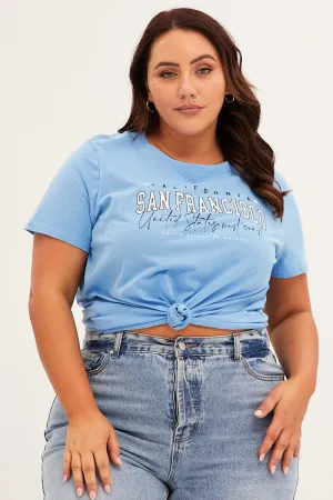 Blue Graphic T-shirt Short Sleeve Crew Neck Flexible Fit Casual layering piece