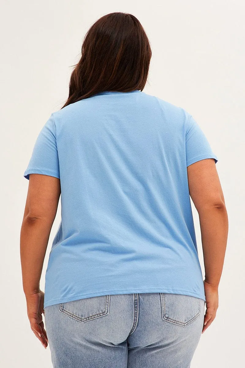 Layered Collar Layered Shoulder Design Blue Graphic T-shirt Short Sleeve Crew Neck