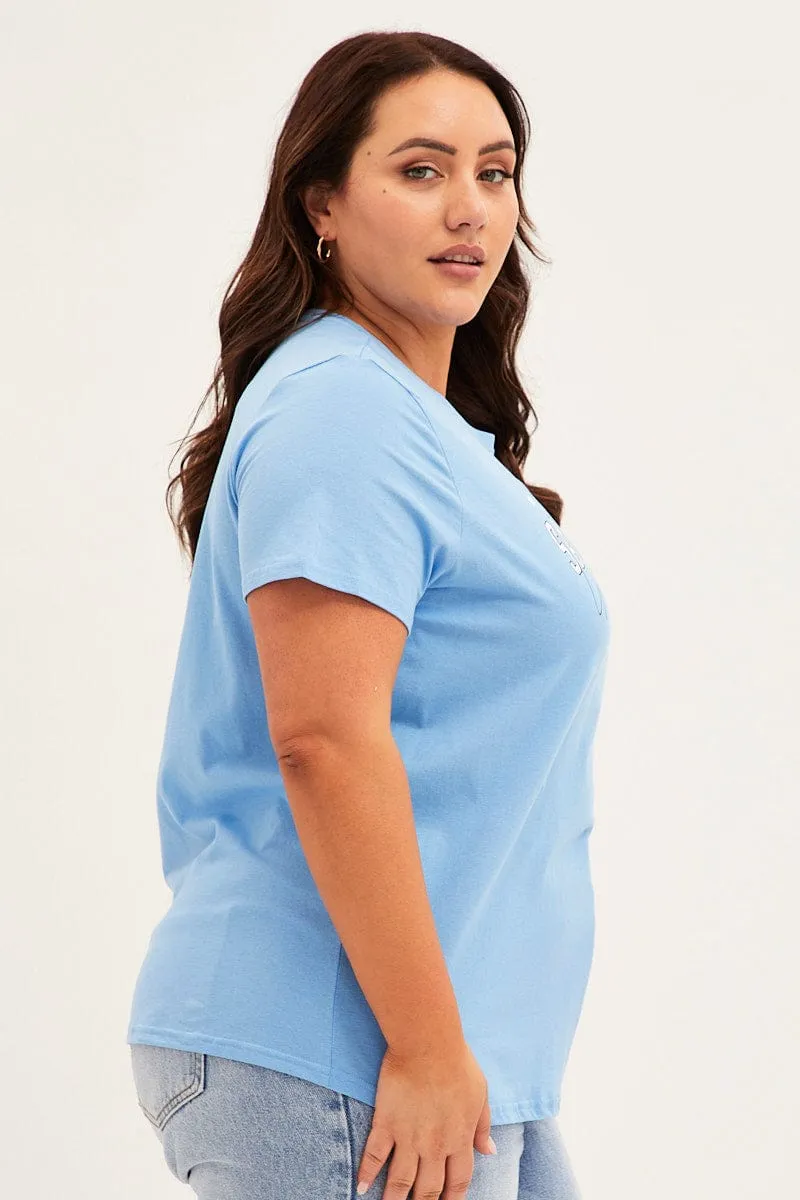 Blue Graphic T-shirt Short Sleeve Crew Neck Holiday Outfit Style Stain Resistant
