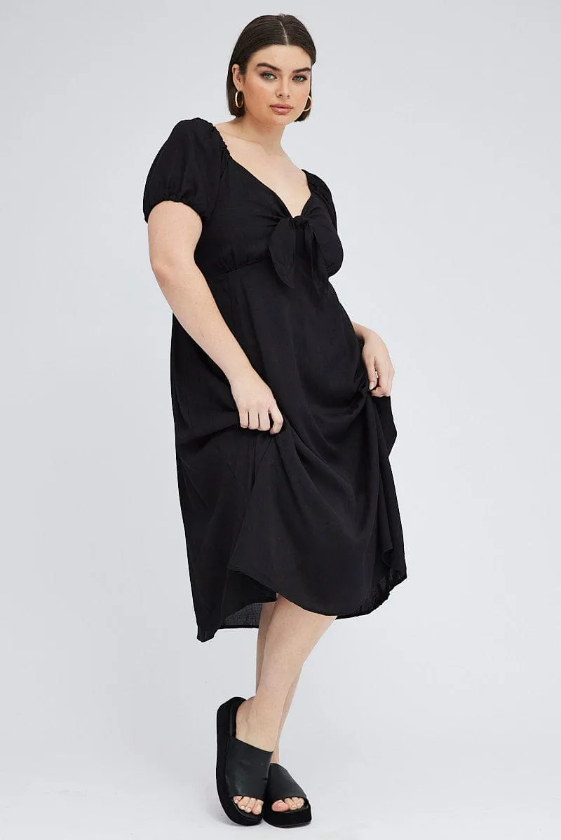 Bridal Mood Graceful Flow Black Midi Dress Tie Front Puff Sleeve