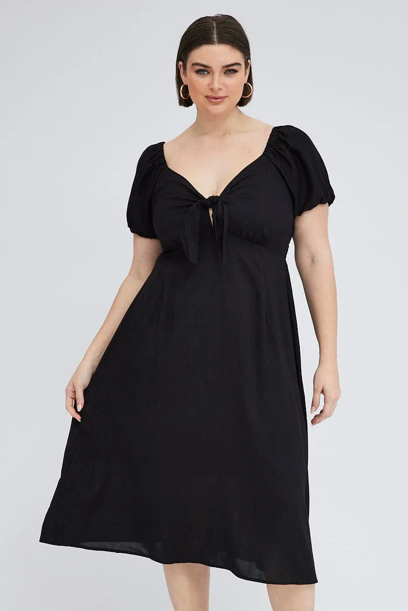 Simple Comfort Coastal Path Black Midi Dress Tie Front Puff Sleeve